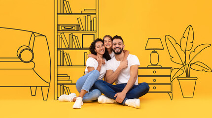 Wall Mural - Happy little arab girl hug young parents, on floor, on yellow studio background, with abstract drawn living room