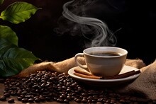Coffee Cup With Beans In Burlap On Coffee Tree Background