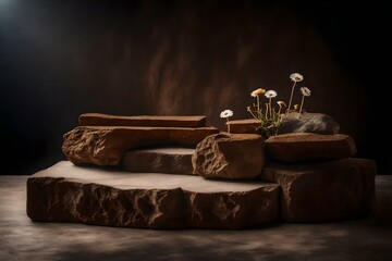 natural cubic brown rock podium background with dried daisy in the photo studio