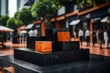 natural cubic orange stone cosmetic podium scenery with black tourmaline in the street