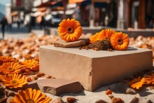 Natural Cubic Orange Rock Cosmetic Podium Background With Dried Daisy In The Street