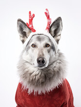 A Unique Pet Portrait Featuring A Wolf Or Husky Adorned With Antlers And A Coat Costume. This Expressive And Fun Dog Portrait Adds A Touch Of Humor And Holiday Spirit.