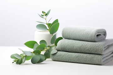 Wall Mural - Fluffy green towels and a fresh eucalyptus branch are neatly arranged on a white background embodying a minimalist Scandinavian aesthetic This visually represents the idea of hygiene
