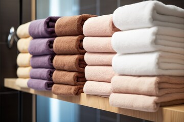 Wall Mural - Fresh towels neatly arranged on a rack in the bathroom