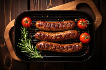 Wall Mural - Grilled sausages on wooden background from above
