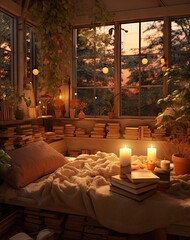 Canvas Print - a room with some books and candles on the table next to an open window that is lit by candlelight