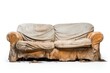 Isolated white background shows old dirty ripped sofa