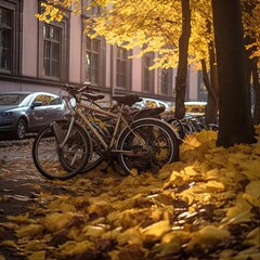 Wall Mural - a bike parked on the side of a street with autumn leaves all around it and cars parked in the background