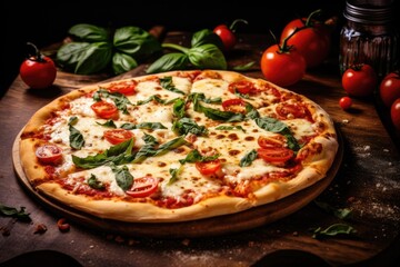 Wall Mural - Italian pizza with sliced mozzarella tomatoes pepper spices and fresh basil either known as Pizza Margherita or Margarita