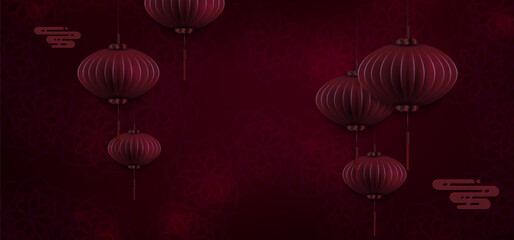 Wall Mural - Texture burgundy illustration, air lanterns in paper art style