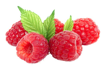 group of raspberry with leaves isolated on transparent background with png.