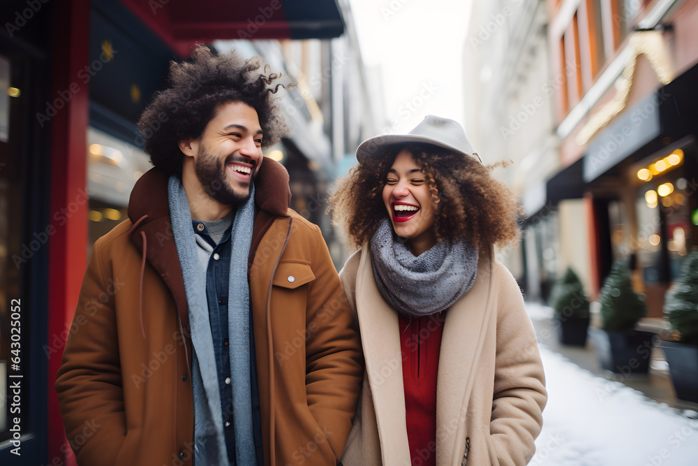 Multiracial couple in love wearing winter clothes celebrating Christmas ...