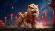 A majestic Chinese lion dance with lanterns in the night sky.
