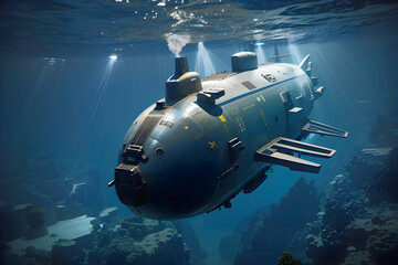 Wall Mural - Submarine in the deep blue sea.