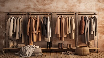 Wall Mural - clothes hanging on a rack in front of an old wallpapered room with wooden flooring and brown walls