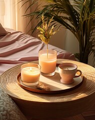 Wall Mural - two candles on a tray next to a vase with a plant in it and a candle lit by the sun