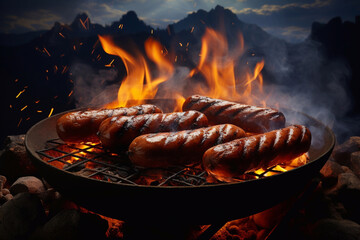 Wall Mural - smokey sausages in the fire on the grill