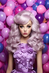 Wall Mural - a woman with long blonde hair and purple dress surrounded by pink and blue balloons in the background is an image of a young girl