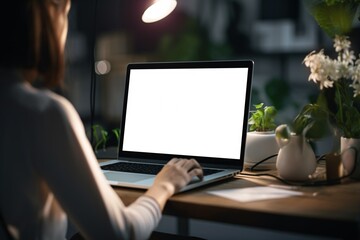 close up view businesswoman workin with laptop on white office desk.