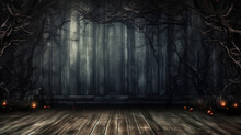 Spooky Halloween Background With Empty Wooden Planks, Dark Horror Background.