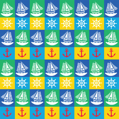 Canvas Print - Abstract Geometric Marine Pattern Boats Anchors Ship Rudders Small Icons Colorful Trendy Vector Design Seamless Texture