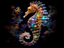 A Colorful And Fantastic Seahorse, Illuminated With All The Colors Of The Rainbow, On A Black Background.