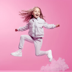 Wall Mural - Portrait of cheerful positive girl jumping in the air with raised arm looking at camera isolated on pink background. Funny child girl jumping on a colored pink background. Generative AI.