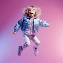 Wall Mural - Portrait of cheerful positive girl jumping in the air with raised arm looking at camera isolated on pink background. Funny child girl jumping on a colored pink background. Generative AI.