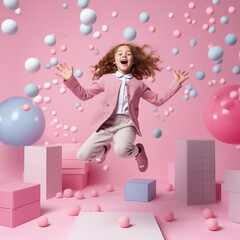 Wall Mural - Portrait of cheerful positive girl jumping in the air with raised arm looking at camera isolated on pink background. Funny child girl jumping on a colored pink background. Generative AI.