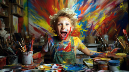 child in a bright, patterned shirt discovers the joy of painting