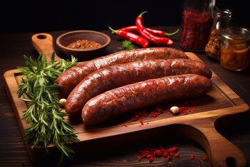 Wall Mural - raw pork sausage on wooden cutting board on black background withspices