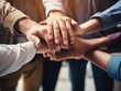 © peacehunter - Diverse business people group put hands together in stack pile at training as concept of sales team corporate unity connection, teambuilding loyalty, support in teamwork