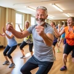 Multiracial group of senior people in sportswear doing strength building fitness exercises with happy and smiling at camera. AI Generative.