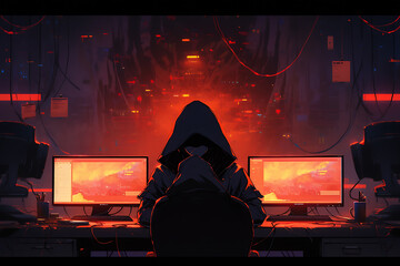 hacker sitting at the computer, cyber security and anti-spyware concept
