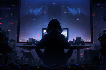 hacker sitting at the computer, cyber security and anti-spyware concept
