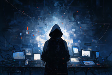 hacker sitting at the computer, cyber security and anti-spyware concept
