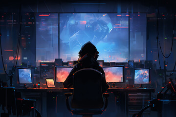 hacker sitting at the computer, cyber security and anti-spyware concept
