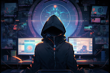 hacker sitting at the computer, cyber security and anti-spyware concept . AI generated