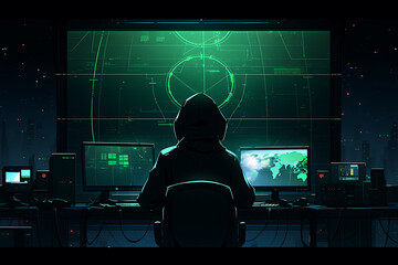 hacker sitting at the computer, cyber security and anti-spyware concept 

