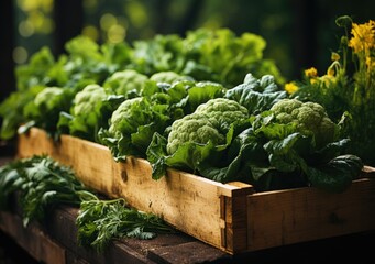 Young farmer with freshly picked vegetable in basket. Hand holding wooden box with vegetables in field. Fresh Organic Vegetable. AI Generative.