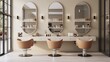 © visoot - Beige salon interior with chairs in row and cosmetics on shelf, Mirrors, Hairdressing and beauty salon.