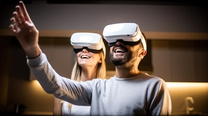 Aufkleber - Man and woman are having fun by using a virtual reality headset at home, standing and looking and pointing finger at objects in virtual reality.