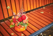 Beautiful Bouquet Of Autumn Flowers In Pumpkin On Bench Outdoors. Beautiful Floral Decor For Thanksgiving And Halloween. Fall Decor.