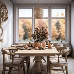 Canvas Print - a dining room with pumpkins on the table and two chairs in front of large window overlooking autumn trees outside