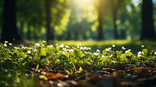 Defocused Green Trees In Forest Or Park With Wild Grass And Sun Beams, Beautiful Summer Spring Natural Background.