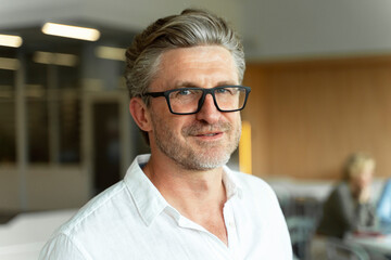 Portrait of confident smiling gray haired businessman, manager, CEO wearing stylish eyeglasses looking at camera standing in modern office. Successful business concept 