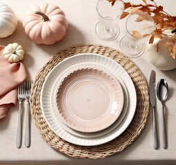 Wall Mural - a table setting with plates and uts, napkins, pumpkins, and other place settings on the table