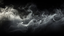 Smoke Clouds, Steam Mist Fog And White Foggy Vapor. 3D Realistic Smoke From Dust Particles Isolated On Black Background.