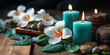 Türkise Wellness Kerze und schönen Blumen dekoriert im Querformat für Banner, ai generativ