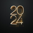Happy New Year 2024. Golden extruded 3d numbers isolated on a black background. Vector holiday illustration. Festive typography poster design.
